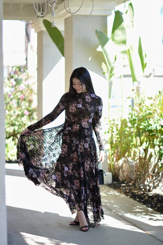 Regan Black Lace Floral Maxi Dress Comfortable T-Shirt Maxi Dress