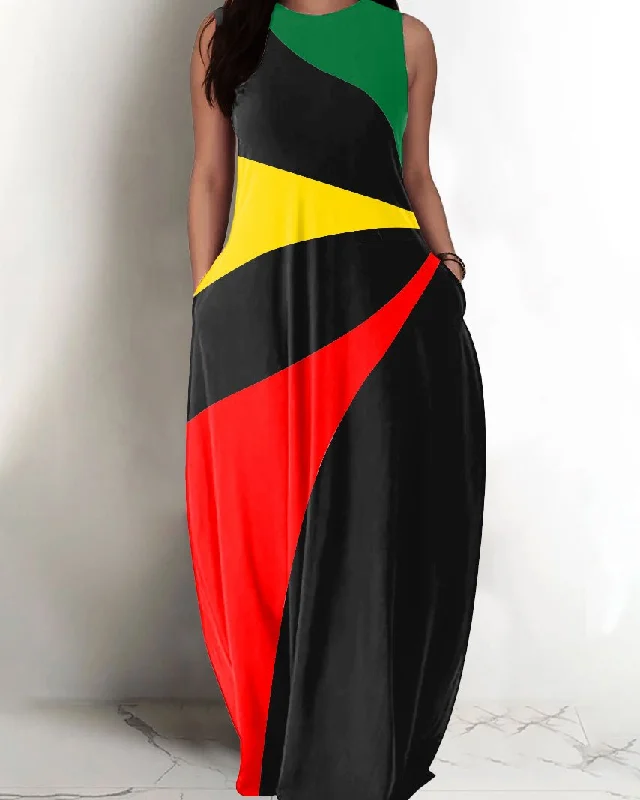 Round Neck Reggae Irregular Stripes Pocket Maxi Dress Comfortable Bohemian Maxi Dress