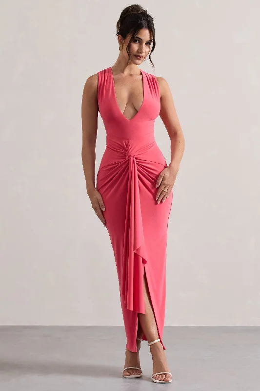 Santana | Coral Plunge-Neck Split Maxi Dress With Knot Detail Elegant Lace Maxi Dress