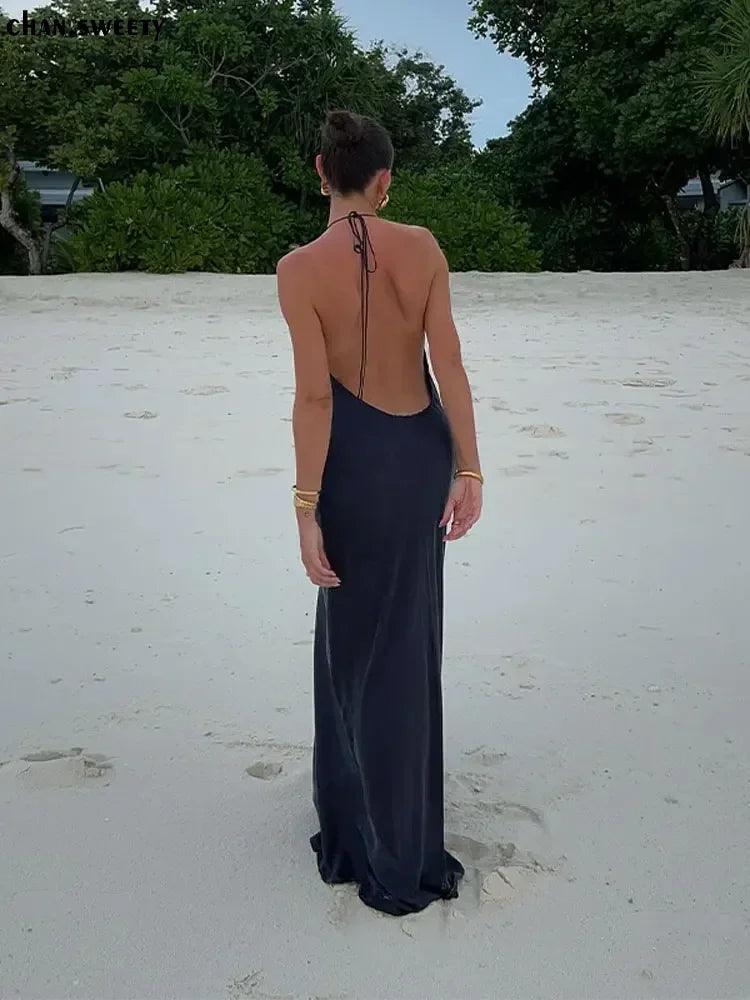 Sultry Backless Maxi Dress: Elegant Clubwear for Stylish Women Cozy Open-Back Maxi Dress