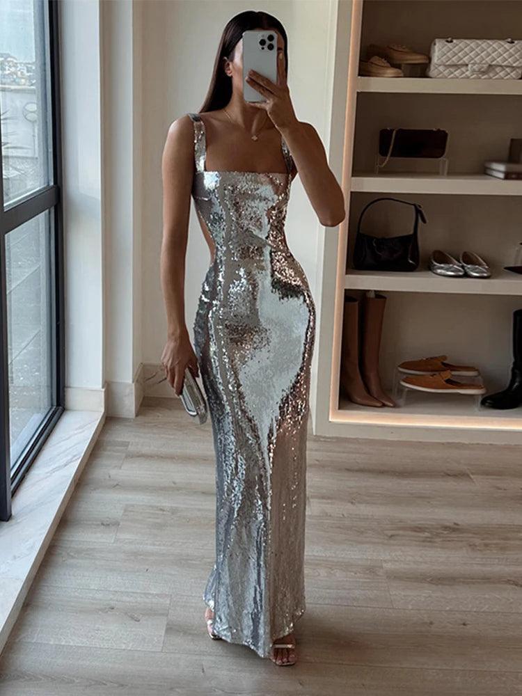 Sparkling Silver Maxi Dress: Elegant Backless Evening Gown Trendy Satin Maxi Dress