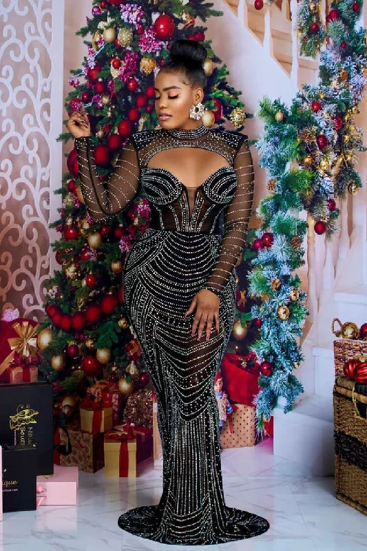 Sparkly Rhinestone Sheer Mesh High Neck Cutout Evening Maxi Dress - Black Elegant Wraparound Maxi Dress Sparkly Rhinestone Sheer Mesh High Neck Cutout Evening Maxi Dress - Black Elegant Wraparound Maxi Dress
