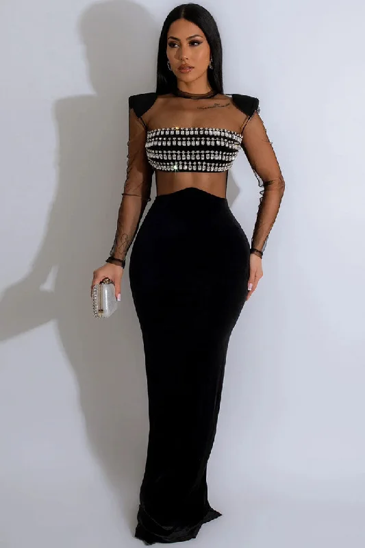 Sparkly Rhinestone Sheer Mesh Padded Long Sleeve Evening Maxi Dress - Black Fashionable Chiffon Tiered Maxi Dress Sparkly Rhinestone Sheer Mesh Padded Long Sleeve Evening Maxi Dress - Black Fashionable Chiffon Tiered Maxi Dress
