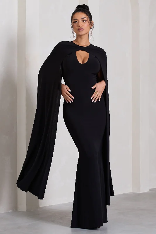 Standing Ovation | Black Plunge-Neck Cape Maxi Dress Cozy Wrap Maxi Dress