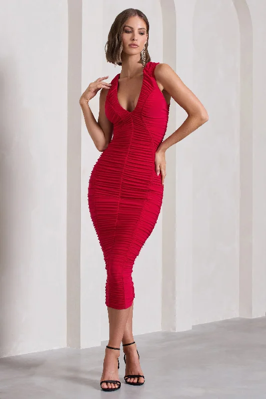 Tempting Fate | Red Ruched Bodycon V-Neck Maxi Dress Elegant Maxi Dress with Lace