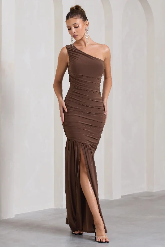 The Limelight | Chocolate One Shoulder Ruched Fishtail Maxi Dress Chic Off-Shoulder Maxi Dress