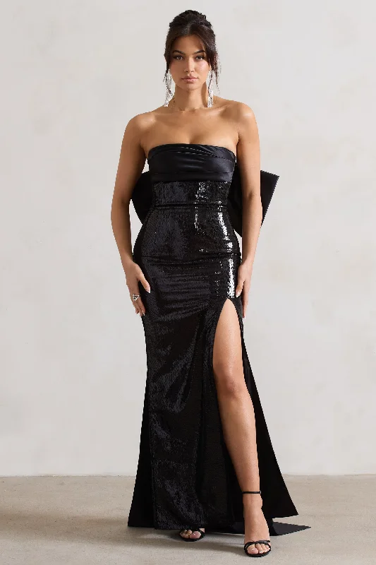 To You | Black Sequin Bandeau Split Maxi Dress With Oversized Bow Fashionable Button-Down Maxi Dress