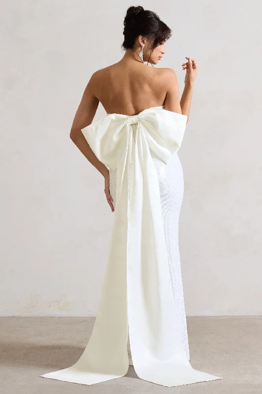 To You | White Sequin Bandeau Split Maxi Dress With Oversized Bow Trendy Maxi Dress with Belt