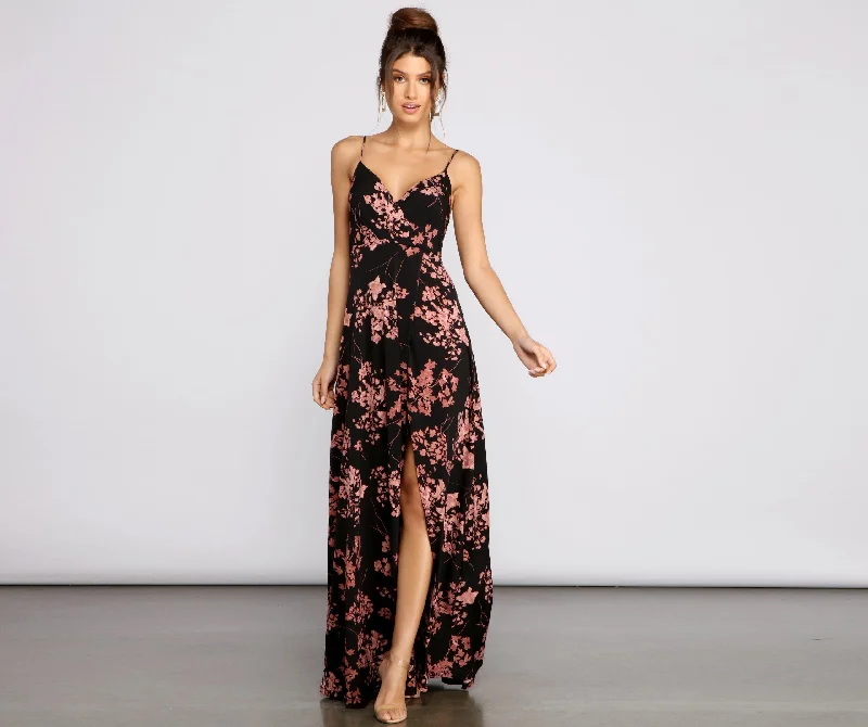 Total Sweetheart Floral Charming High Slit Maxi Dress Comfortable Maxi Dress with Sleeves