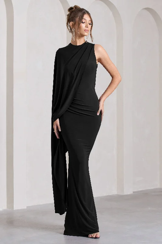 Unveil | Black One-Sleeve Cape Maxi Dress Chic Button-Up Maxi Dress