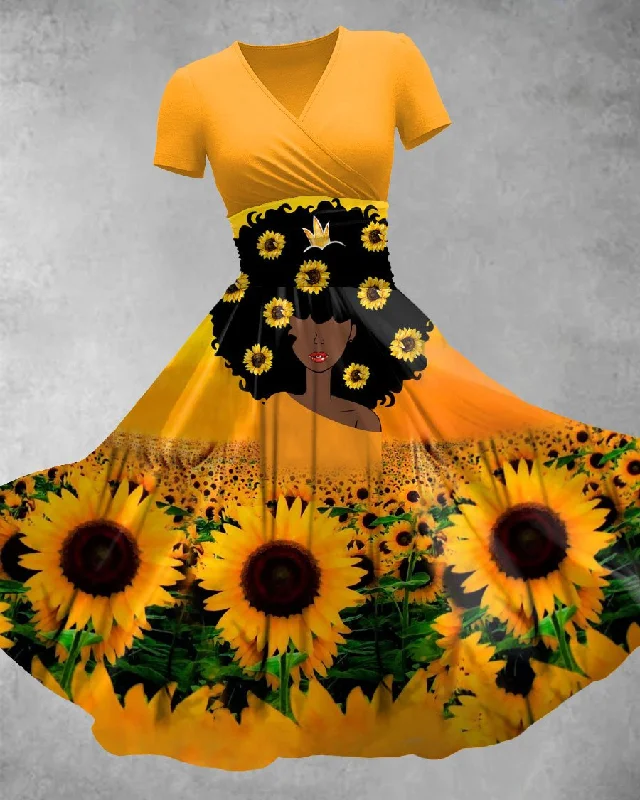 V Neck Afro Girl Sunflower Maxi Dress Stylish Off-Shoulder Maxi Dress