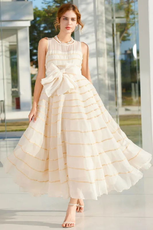 Vintage Crew Neck Striped Tulle Sleeveless Bow Tie Evening Maxi Dress - Cream Fashionable Halter Neck Maxi Dress Vintage Crew Neck Striped Tulle Sleeveless Bow Tie Evening Maxi Dress - Cream Fashionable Halter Neck Maxi Dress