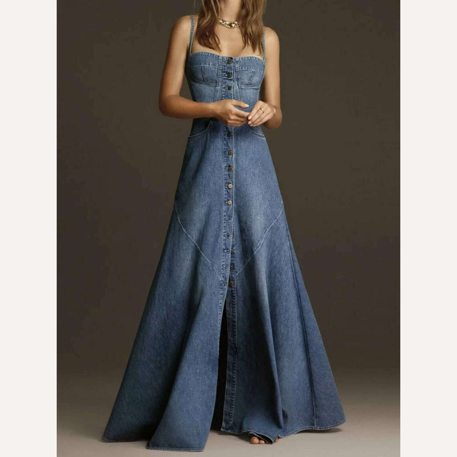 Women Denim Dress Sleeveless Square Collar Sling Jean Slim Fit Long Dress Summer Elegant Female Buttons Maxi Dress Solid Robes Fashionable Maxi Dress with Fringe Women Denim Dress Sleeveless Square Collar Sling Jean Slim Fit Long Dress Summer Elegant Female Buttons Maxi Dress Solid Robes Fashionable Maxi Dress with Fringe