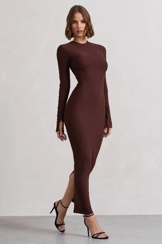 Wonder | Chocolate Brown Bodycon Long-Sleeve Maxi Dress Comfortable Fit-and-Flare Maxi Dress