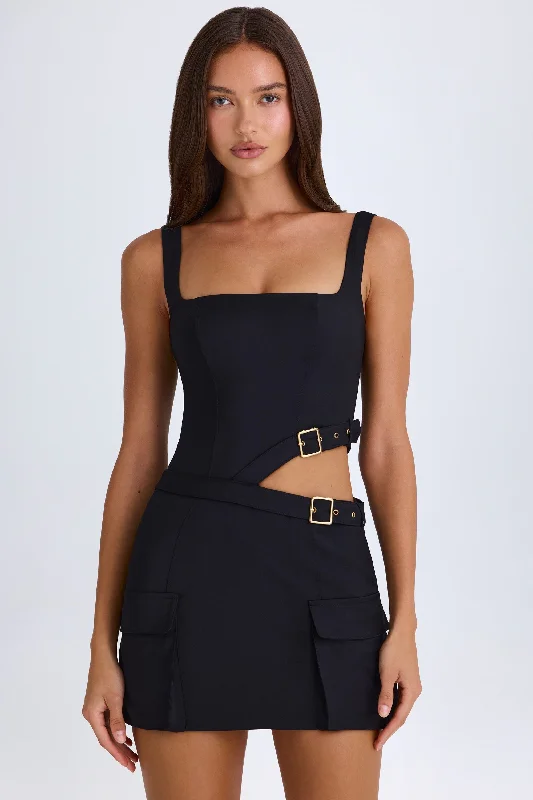 Belted Cut-Out Mini Dress in Black Cozy Ruched Mini Dress
