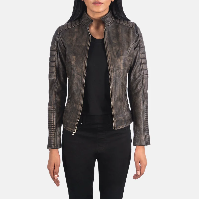 Adalyn Quilted Distressed Brown Leather Biker Jacket Zippered Jacket Buttoned Jacket Snapped Jacket