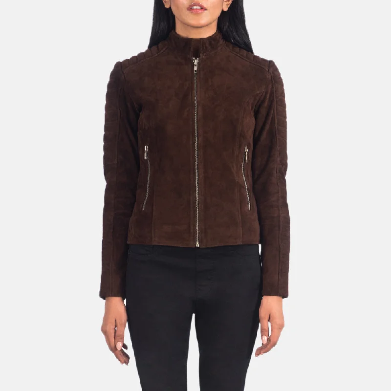 Adalyn Quilted Mocha Suede Biker Jacket Hoodie Zip-Up Jacket Button-Up Jacket