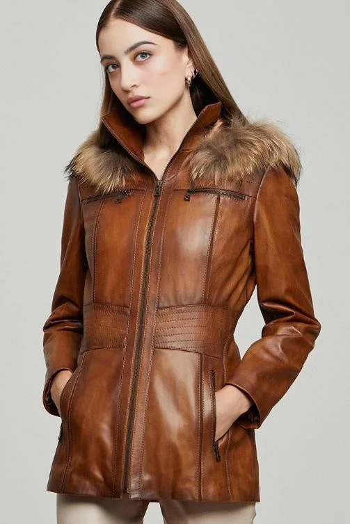 Ariana Women’s Leather Jacket with Faux Fur Hood - Brown Notch Collar Jacket Peter Pan Collar Jacket Cowl Neck Jacket Ariana Women’s Leather Jacket with Faux Fur Hood - Brown Notch Collar Jacket Peter Pan Collar Jacket Cowl Neck Jacket