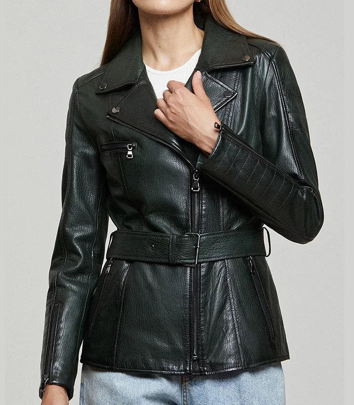 Audrey Green Stylish Leather Jacket With Center Belt For Women Denim Jacket Leather Jacket Suede Jacket Audrey Green Stylish Leather Jacket With Center Belt For Women Denim Jacket Leather Jacket Suede Jacket