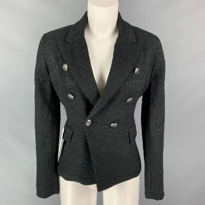 BARDOT Size XS Black Boucle Textured Cotton Blend Peak Lapel Jacket Mesh Jacket Canvas Jacket Denim Jacket BARDOT Size XS Black Boucle Textured Cotton Blend Peak Lapel Jacket Mesh Jacket Canvas Jacket Denim Jacket