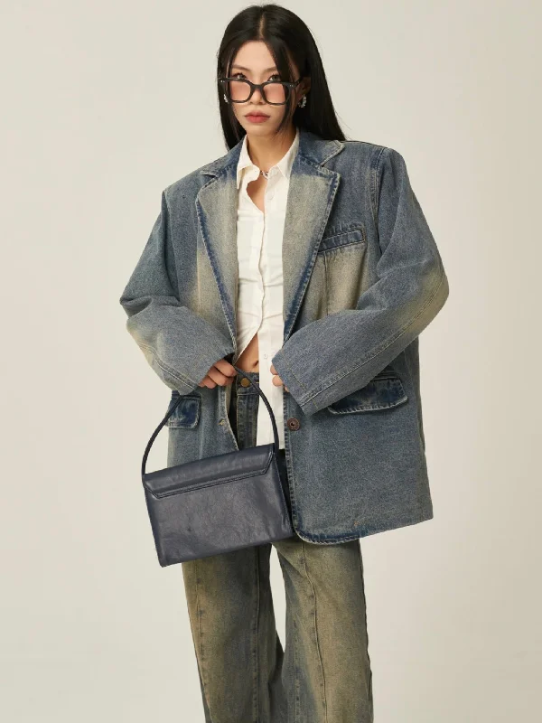 Beatrice Denim Blue Washed Faded Long Sleeve Button Up Blazer Denim Jacket Front Pockets Side Pockets Patch Pockets Beatrice Denim Blue Washed Faded Long Sleeve Button Up Blazer Denim Jacket Front Pockets Side Pockets Patch Pockets