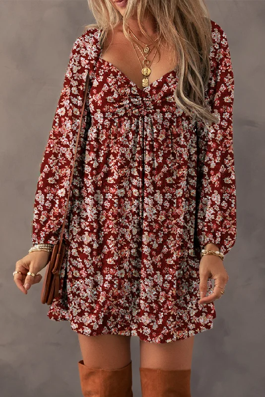 Blossom Beauty: Floral Print Sweetheart Mini Dress with Shirred Back Trendy Floral Mini Dress Blossom Beauty: Floral Print Sweetheart Mini Dress with Shirred Back Trendy Floral Mini Dress