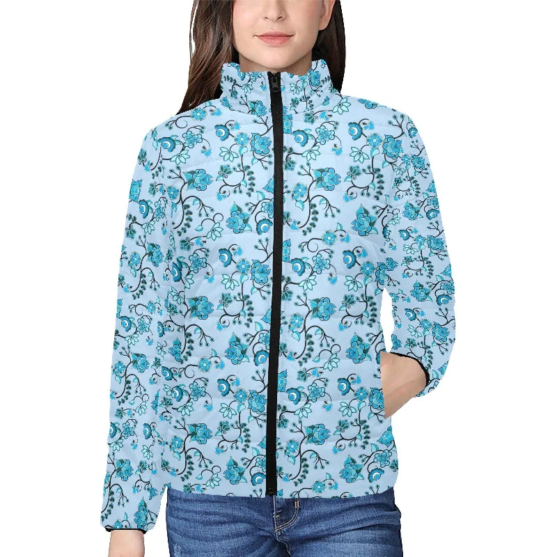 Blue Floral Amour Women's Stand Collar Padded Jacket Front Pockets Side Pockets Patch Pockets Blue Floral Amour Women's Stand Collar Padded Jacket Front Pockets Side Pockets Patch Pockets