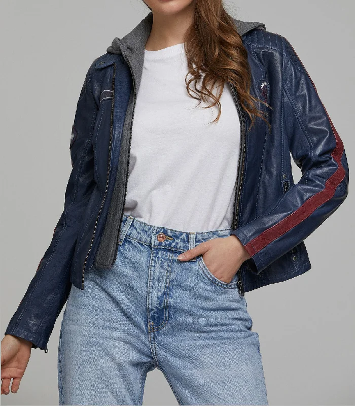 Blue Takeoff Women Leather Jacket With Hood Nylon Fabric Polyester Fabric Spandex Fabric Blue Takeoff Women Leather Jacket With Hood Nylon Fabric Polyester Fabric Spandex Fabric