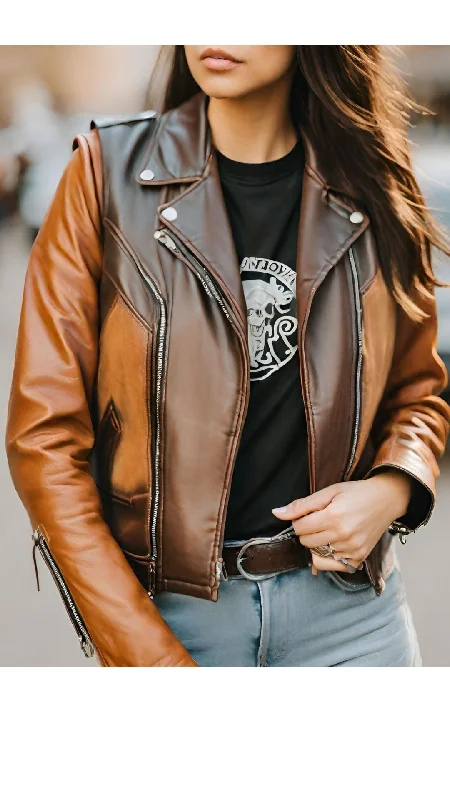 Brown & Dark Brown Biker Racer Leather Jacket For Women Faux Fur Jacket Real Fur Jacket Shearling Jacket Brown & Dark Brown Biker Racer Leather Jacket For Women Faux Fur Jacket Real Fur Jacket Shearling Jacket