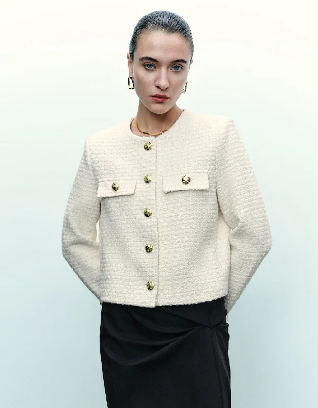 Crew Neck Tweed Jacket Satin Jacket Silk Jacket Chiffon Jacket