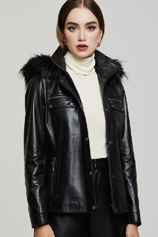 Cristina Classic Black Leather Jacket For Women's Trench Coat Raincoat Waterproof Jacket Cristina Classic Black Leather Jacket For Women's Trench Coat Raincoat Waterproof Jacket