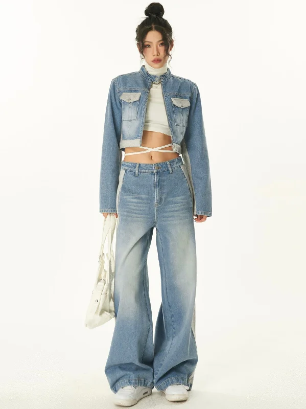 Dallas Patchwork Denim Blue Cropped Jeans Jacket High Waist Straight Leg Denim Jeans Pants Matching Set Lace Jacket Ribbed Jacket Sequined Jacket