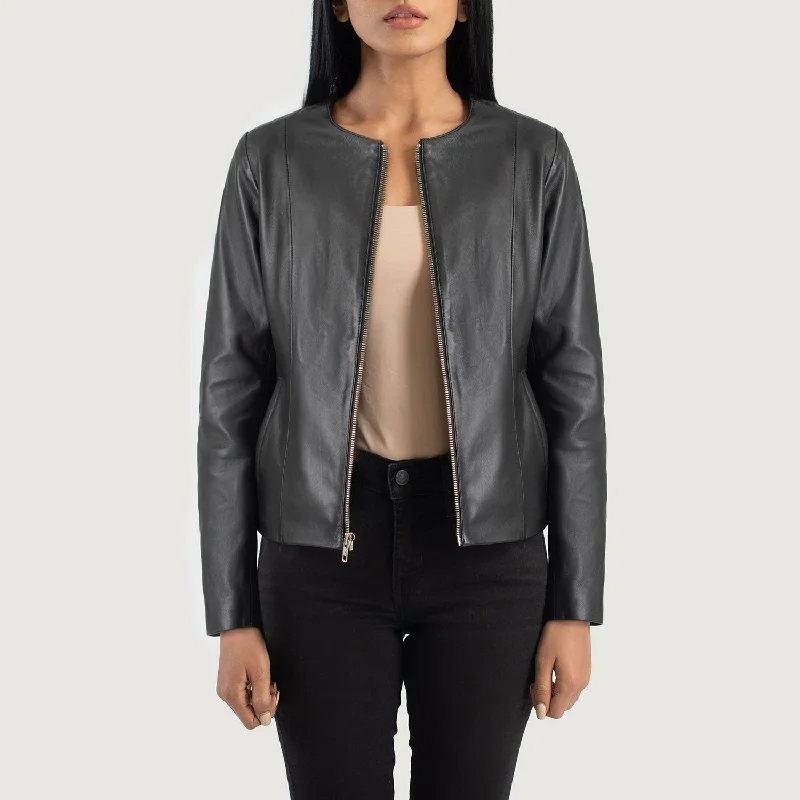 Elixir Black Collarless Leather Jacket Notch Collar Peter Pan Collar Cowl Neck