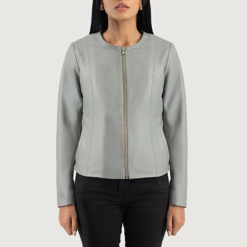 Elixir Grey Collarless Leather Jacket A-Line Jacket Boat Neck Shawl Collar