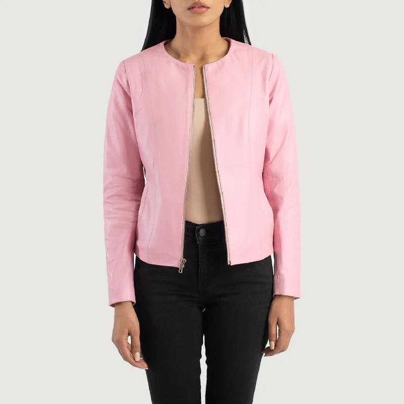 Elixir Pink Collarless Leather Jacket Belted Jacket Elasticated Jacket Padded Jacket