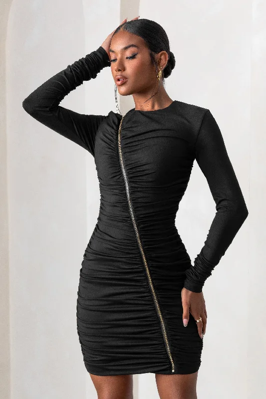 Empowered | Black High Neck Long Sleeves Zip Detail Mini Dress Stylish Plaid Mini Dress Empowered | Black High Neck Long Sleeves Zip Detail Mini Dress Stylish Plaid Mini Dress