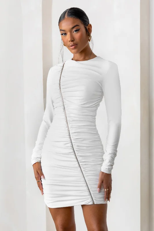Empowered | White High Neck Long Sleeves Zip Detail Mini Dress Chic Pleated Mini Dress Empowered | White High Neck Long Sleeves Zip Detail Mini Dress Chic Pleated Mini Dress