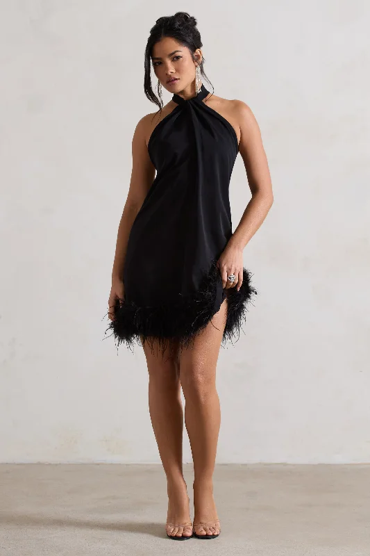 Femme | Black Halter-Neck Smock Mini Dress With Feather Hem Trendy A-Line Mini Dress Femme | Black Halter-Neck Smock Mini Dress With Feather Hem Trendy A-Line Mini Dress