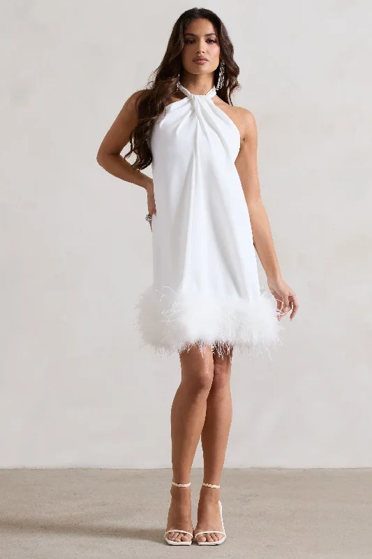 Femme | White Halter-Neck Smock Mini Dress With Feather Hem Cozy Wraparound Mini Dress Femme | White Halter-Neck Smock Mini Dress With Feather Hem Cozy Wraparound Mini Dress