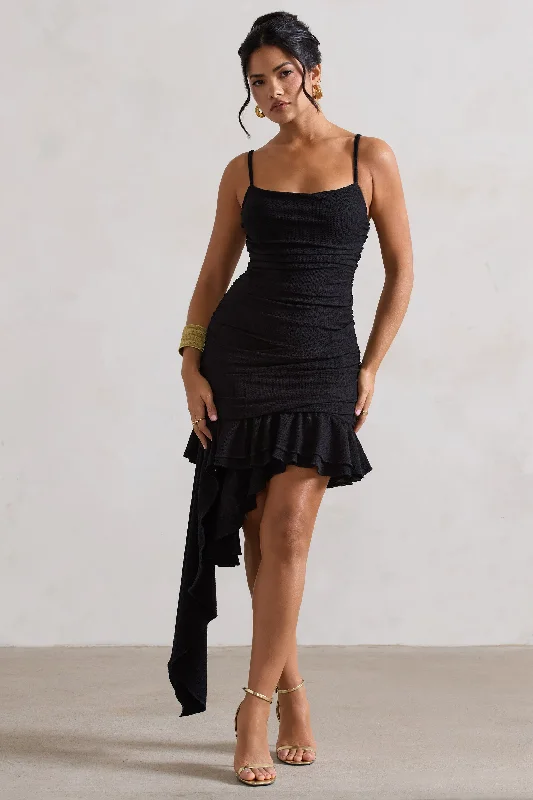 Fleetwood | Black Ruched Mini Dress With Asymmetric Ruffle Hem Fashionable Mini Dress with Frills Fleetwood | Black Ruched Mini Dress With Asymmetric Ruffle Hem Fashionable Mini Dress with Frills