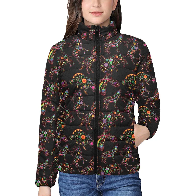 Neon Floral Animals Women's Stand Collar Padded Jacket Welt Pockets Slit Pockets Flap Pockets Neon Floral Animals Women's Stand Collar Padded Jacket Welt Pockets Slit Pockets Flap Pockets