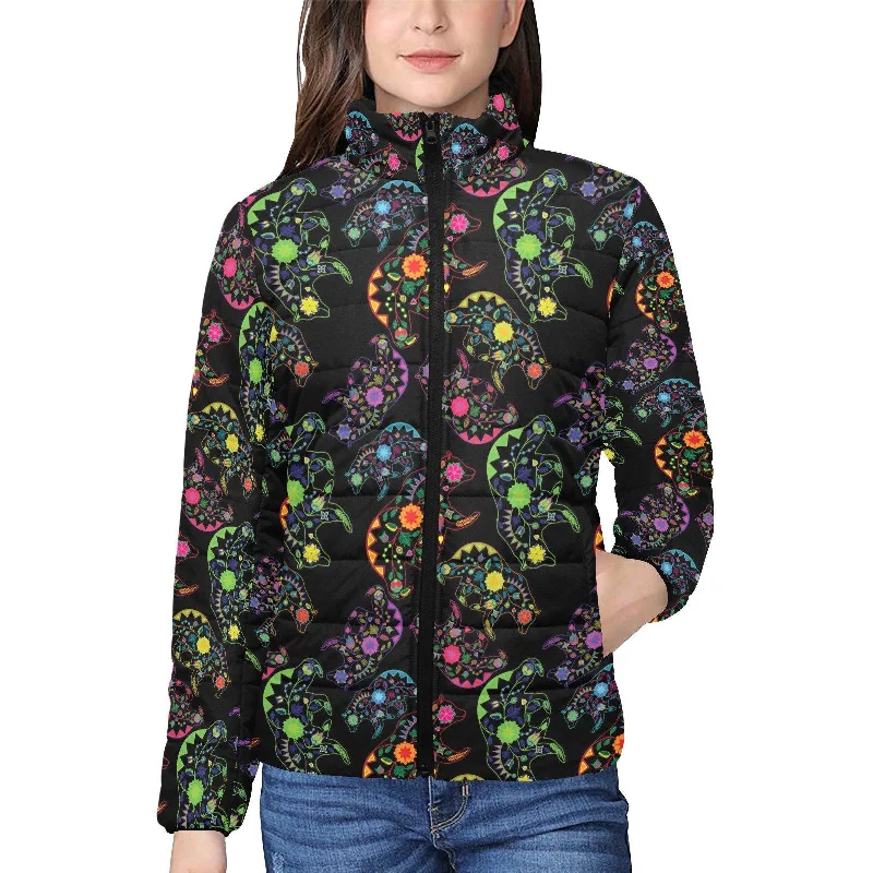 Neon Floral Bears Women's Stand Collar Padded Jacket Hoodie Zip-Up Jacket Button-Up Jacket Neon Floral Bears Women's Stand Collar Padded Jacket Hoodie Zip-Up Jacket Button-Up Jacket