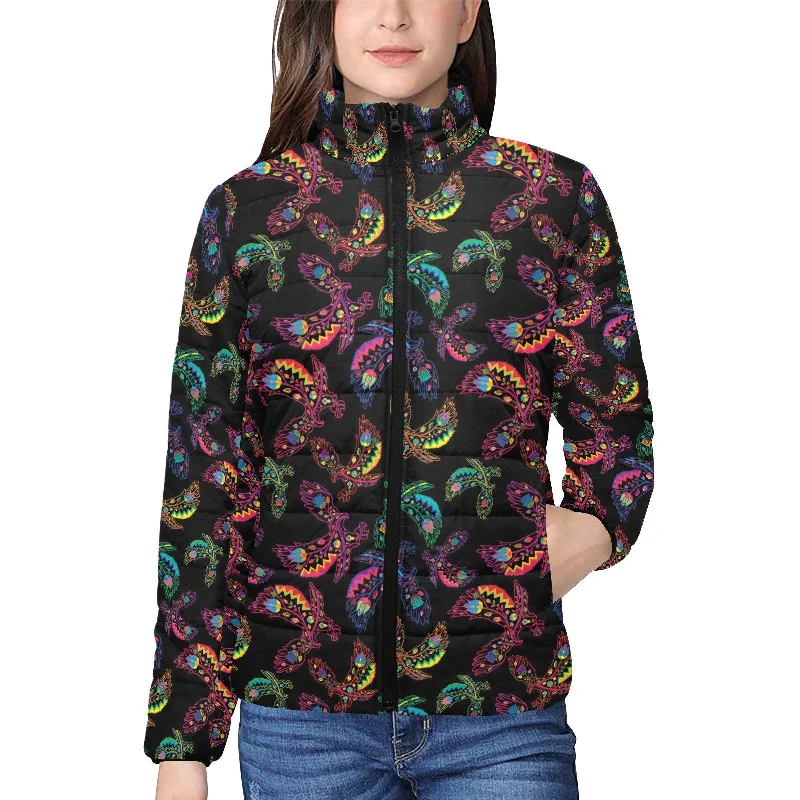 Neon Floral Eagles Women's Stand Collar Padded Jacket Chenille Fabric Brocade Fabric Lace Fabric Neon Floral Eagles Women's Stand Collar Padded Jacket Chenille Fabric Brocade Fabric Lace Fabric
