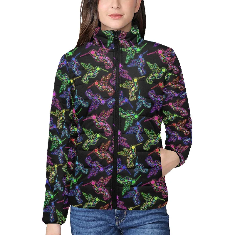 Neon Floral Hummingbirds Women's Stand Collar Padded Jacket Chenille Fabric Brocade Fabric Lace Fabric Neon Floral Hummingbirds Women's Stand Collar Padded Jacket Chenille Fabric Brocade Fabric Lace Fabric