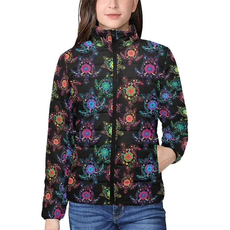 Neon Floral Turtles Women's Stand Collar Padded Jacket Rayon Fabric Velvet Fabric Corduroy Fabric Neon Floral Turtles Women's Stand Collar Padded Jacket Rayon Fabric Velvet Fabric Corduroy Fabric
