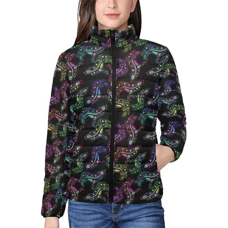 Neon Floral Wolves Women's Stand Collar Padded Jacket Print Jacket Jacquard Jacket Embroidered Jacket Neon Floral Wolves Women's Stand Collar Padded Jacket Print Jacket Jacquard Jacket Embroidered Jacket