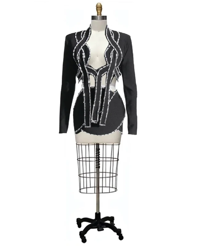Fran- the Bugle Bead Trimmed Tuxedo Inspired Mini Dress Suit Set Fashionable Boho-Chic Mini Dress Fran- the Bugle Bead Trimmed Tuxedo Inspired Mini Dress Suit Set Fashionable Boho-Chic Mini Dress