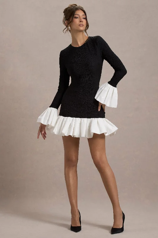 Josefina | Black Long-Sleeve Mini Dress With White Satin Trims Comfortable Shift Mini Dress Josefina | Black Long-Sleeve Mini Dress With White Satin Trims Comfortable Shift Mini Dress