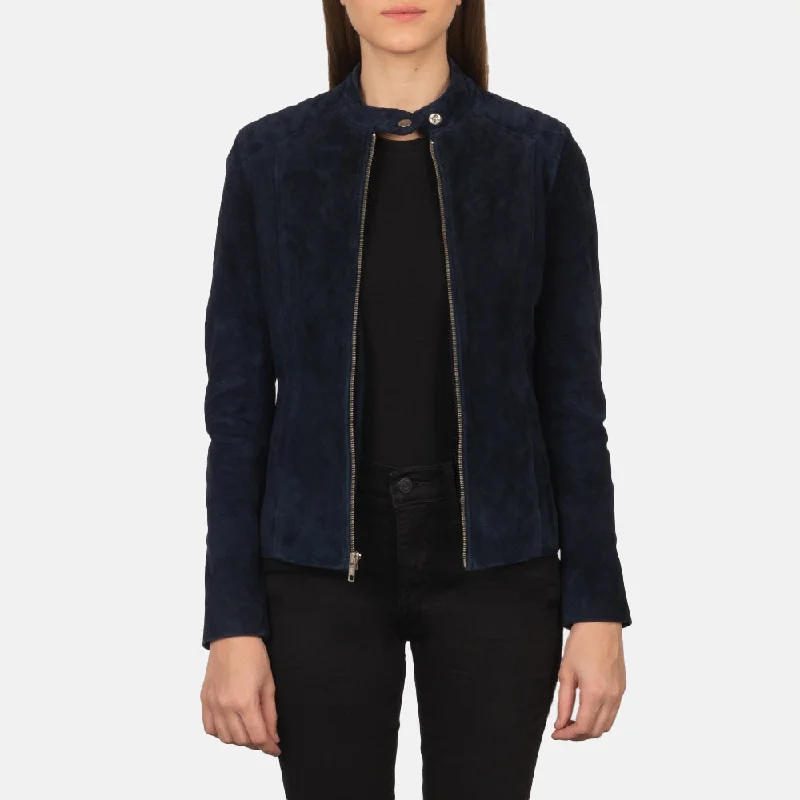 Kelsee Navy Blue Suede Biker Jacket Herringbone Jacket Checkered Jacket Solid Jacket