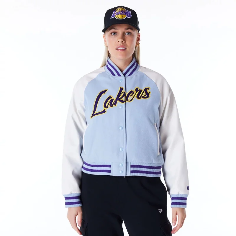 LA Lakers Womens NBA Pastel Blue Varsity Jacket Zippered Front Buttoned Front Snap Front LA Lakers Womens NBA Pastel Blue Varsity Jacket Zippered Front Buttoned Front Snap Front